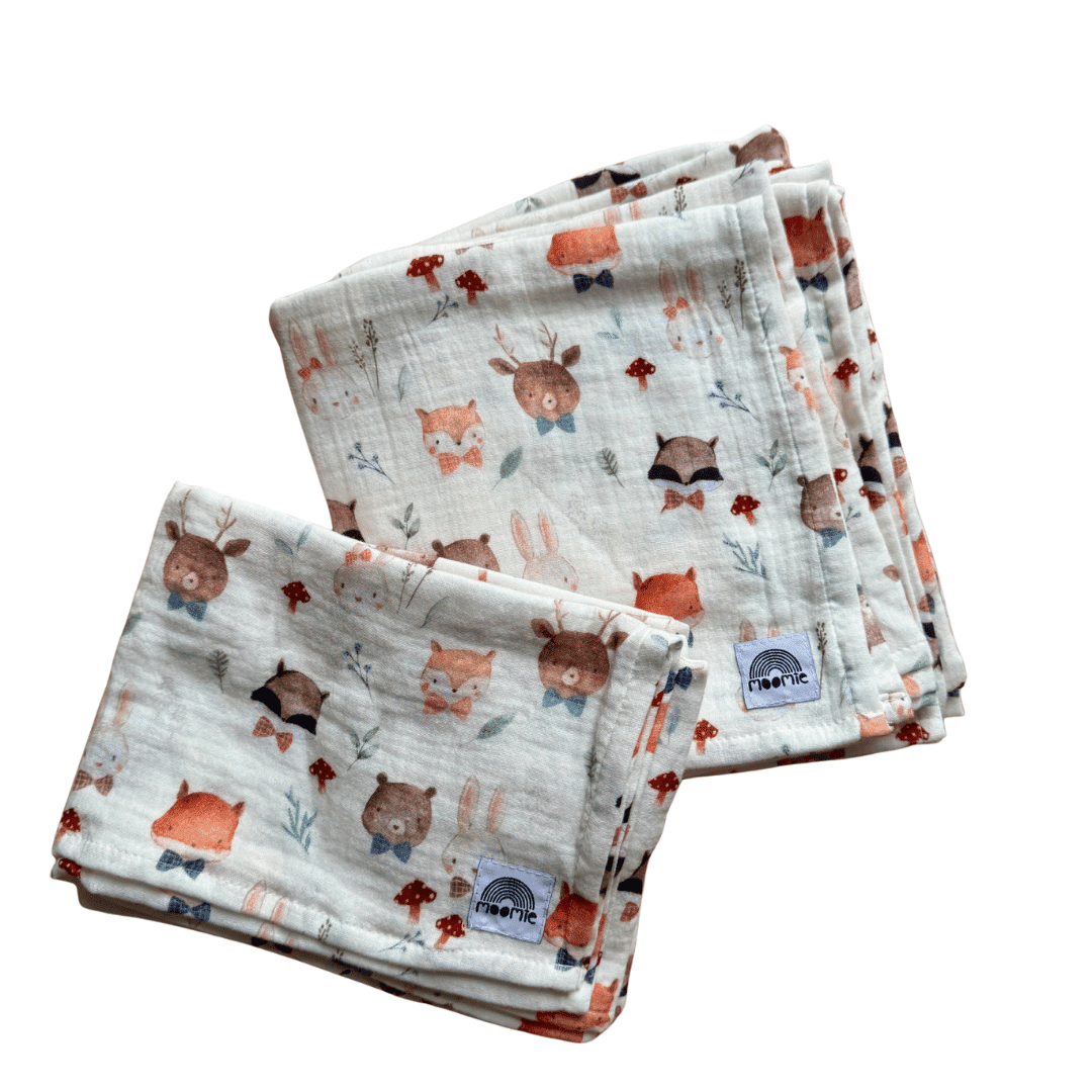Langes bébé en coton imprimé animaux de la forêt pliés – fabrication française Moomie