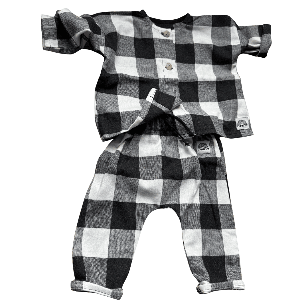 Blouse / Veste bébé en coton – Carreaux noir et blanc Made in France – Image 3