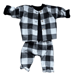 blouse bébé coton Oeko-Tex carreaux noir et blanc avec pantalon assorti made in France