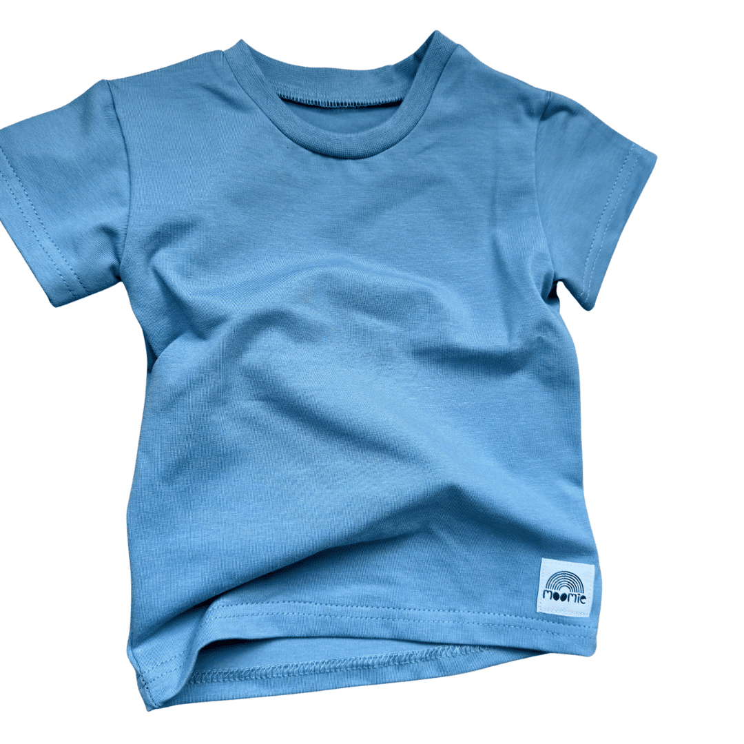 T-shirt enfant bleu manches courtes en coton, fabriqué en France par Moomie