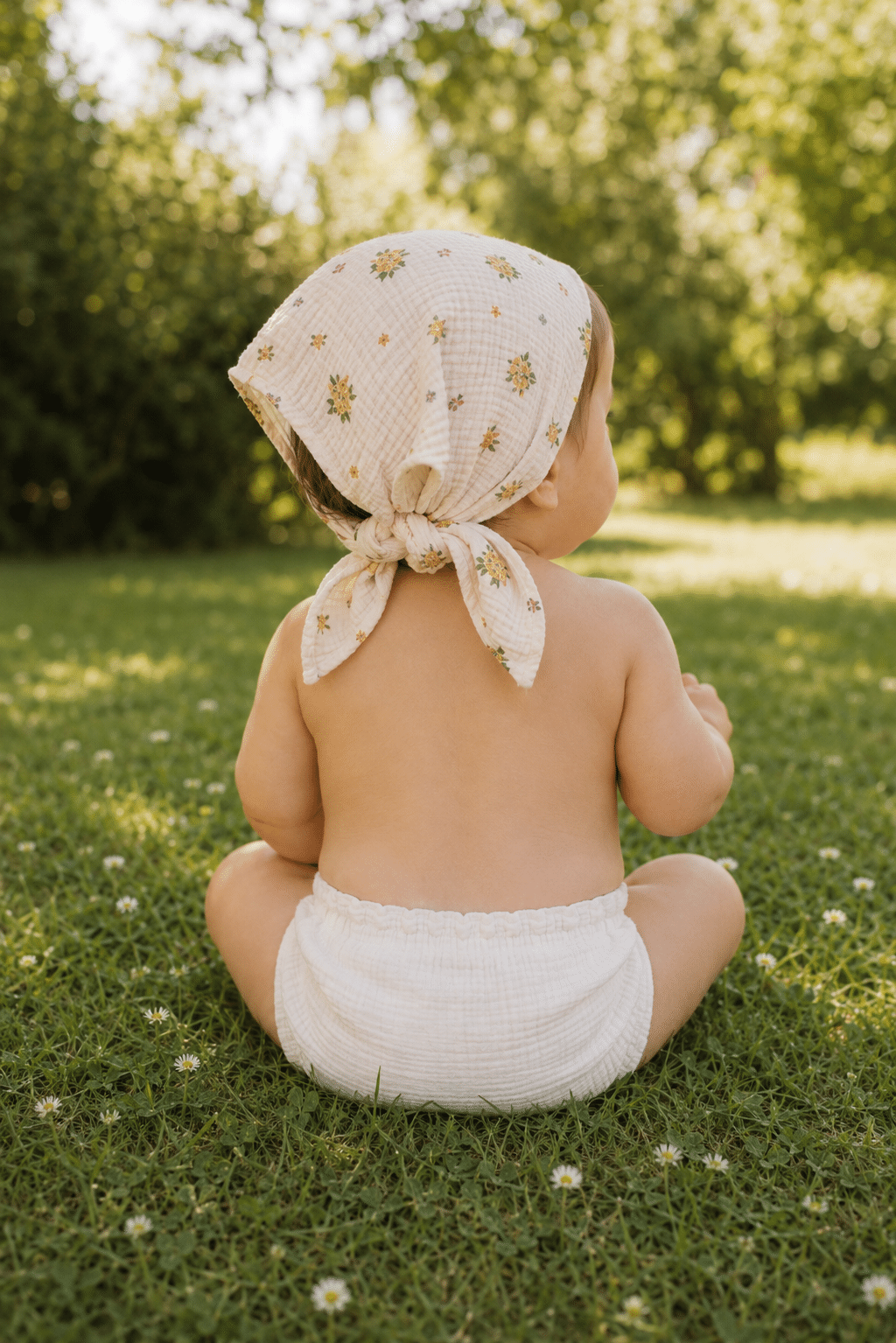 Bébé assis dans l’herbe avec un lange fleuri noué sur la tête pour se protéger du soleil