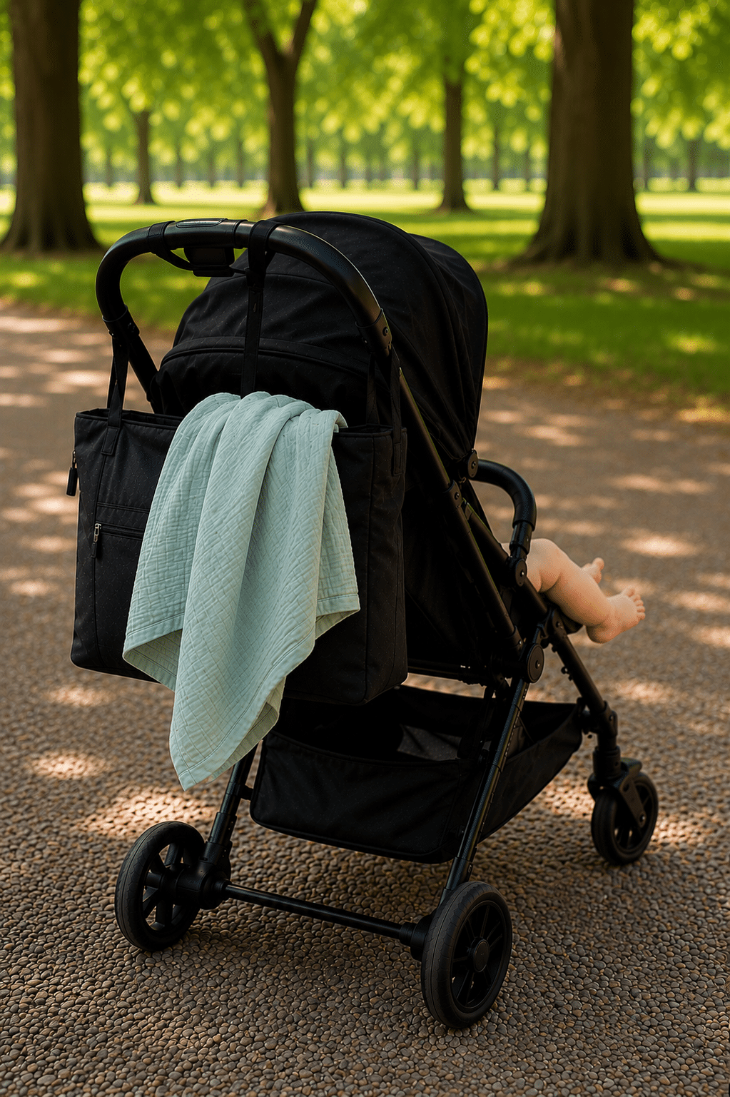 Poussette noire dans un parc avec un lange vert d’eau léger et les pieds de bébé qui dépassent