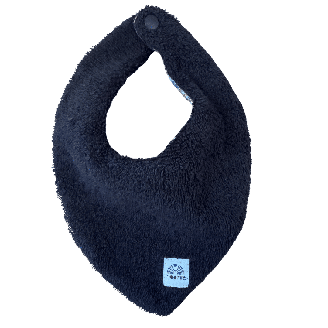 Bavoir bandana bébé avec verso en éponge noire 100 % coton, fermeture par pression et fabrication française Moomie.