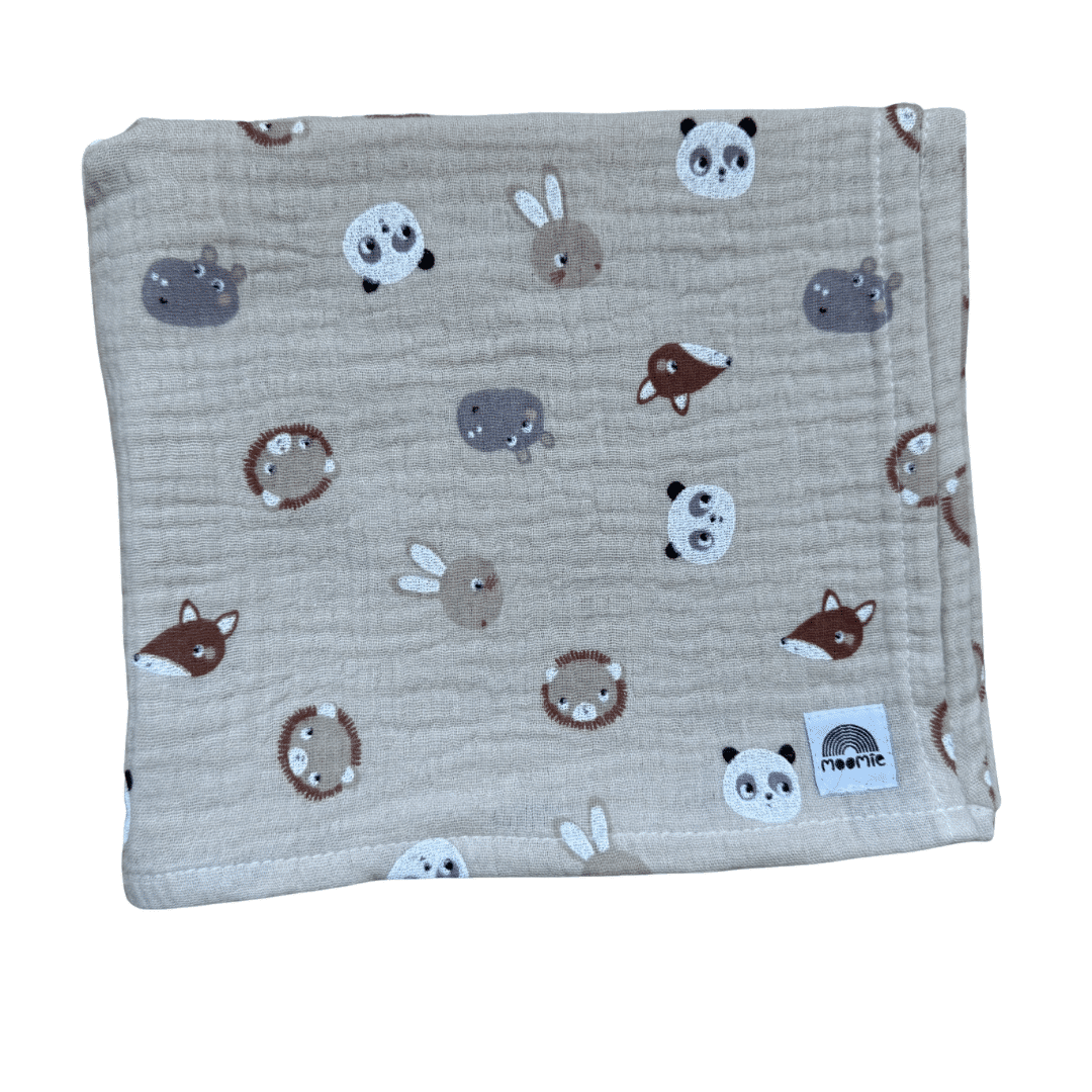 Lange bébé Lison en gaze de coton beige imprimé petits animaux panda, lion, renard et lapin, format 60x60 cm.