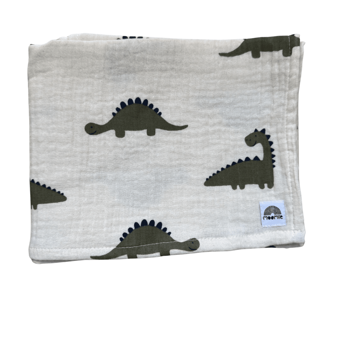 Lange bébé 60x60 cm en gaze de coton bio avec imprimé dinosaures kaki sur fond crème