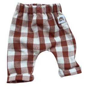 Pantalon bébé à carreaux kaki et écru en toile de coton 100 % avec taille élastiquée et revers ajustables