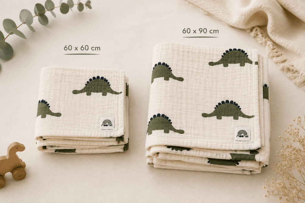 Langes bébé Moomie imprimé dinosaures en deux formats 60 x 60 cm et 60 x 90 cm