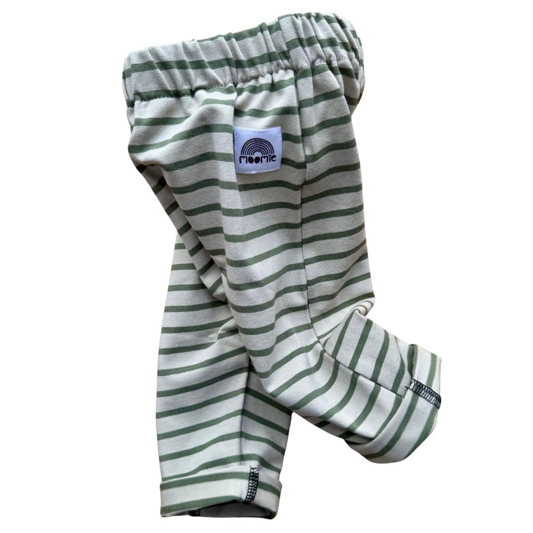 Pantalon bébé rayé sauge et kaki avec étiquette Moomie