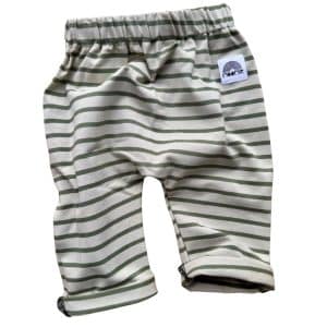 Pantalon bébé rayé sauge et kaki en jersey de coton Moomie
