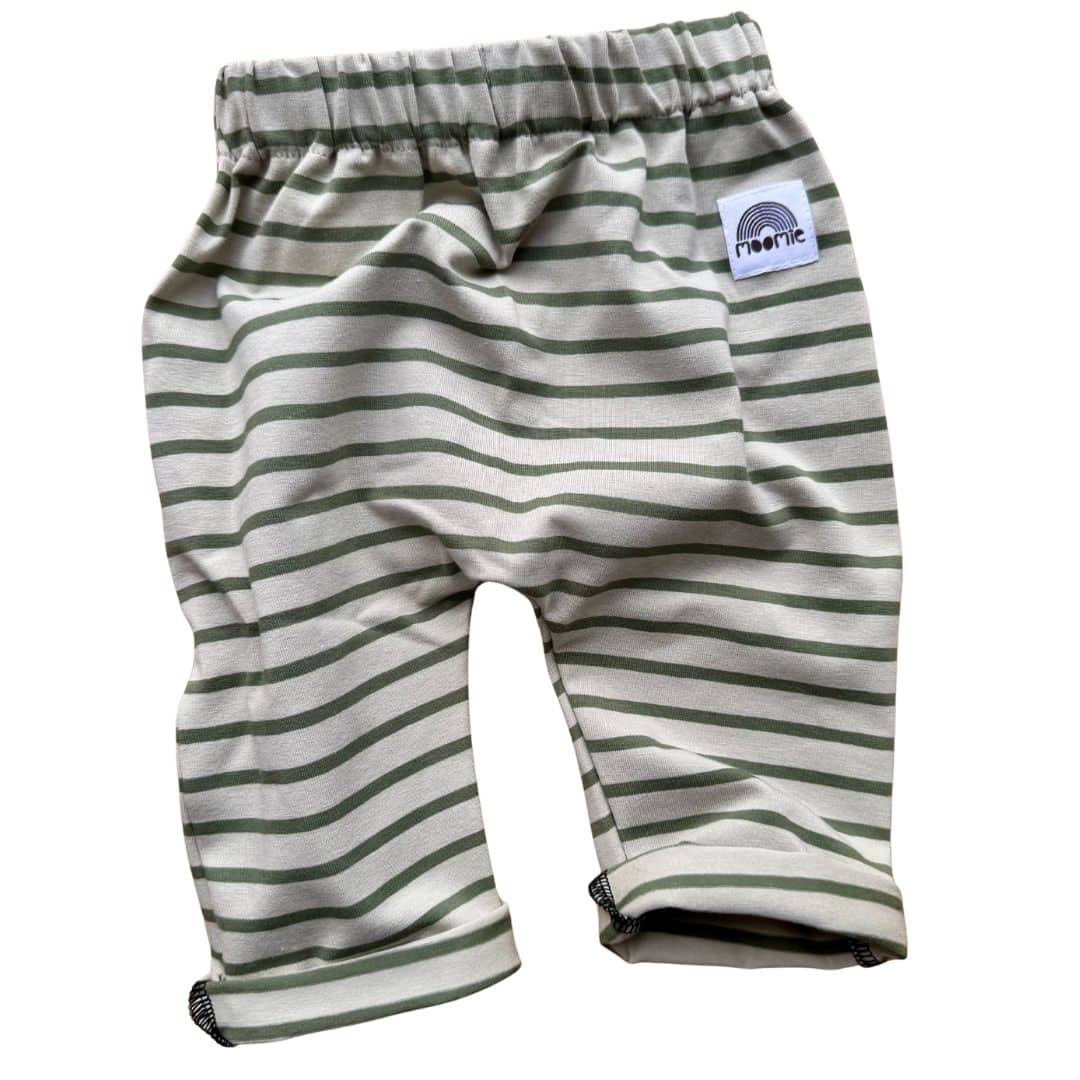 Pantalon bébé rayé sauge et kaki en jersey de coton Moomie