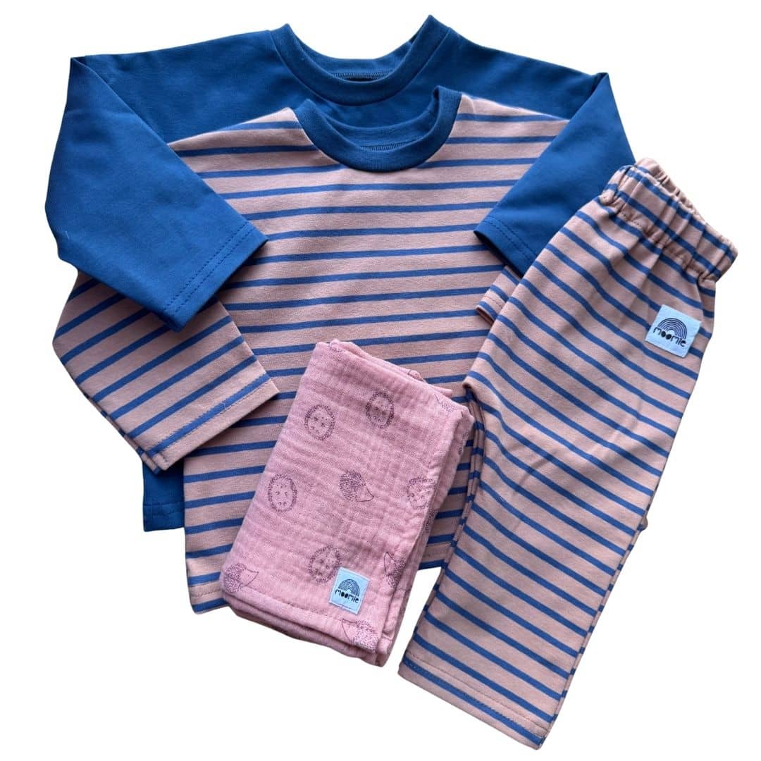 Pantalon bébé rayé avec t-shirts bleu et rayé et lange hérisson rose collection Copenhague