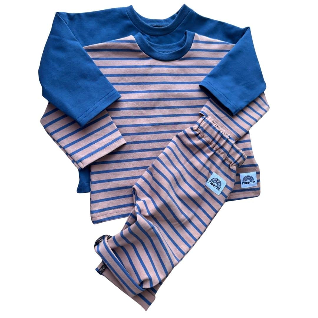 T-shirt et pantalon bébé assortis à rayures roses et bleues Moomie
