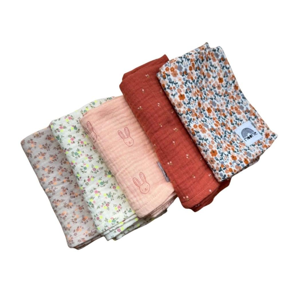 Lot de 5 langes bébé en gaze de coton, ambiance Jardin fleuri