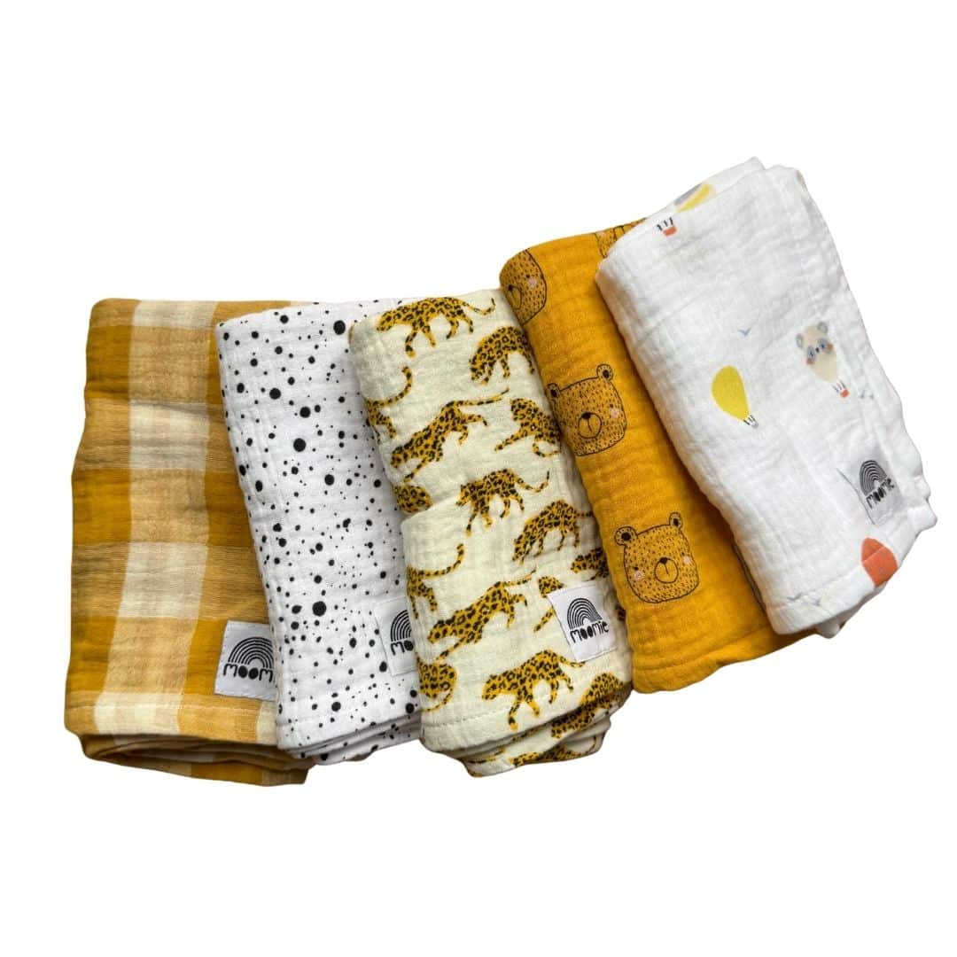 Lot de 5 langes bébé en gaze de coton, ambiance Savane dorée