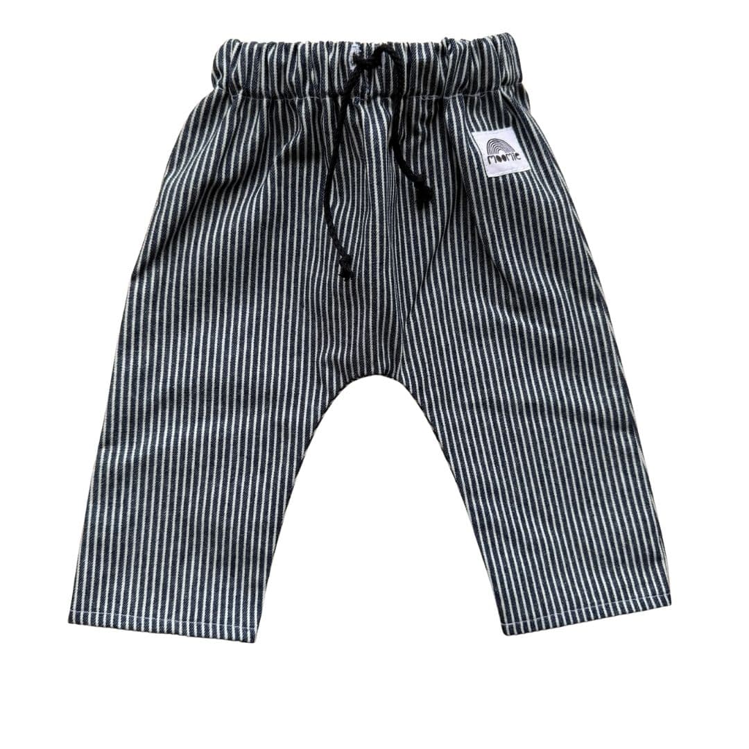 Pantalon bébé rayé bleu marine et crème avec cordon noir