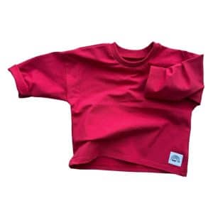 T-shirt bébé manches longues rouge uni, coupe légèrement oversize, fabriqué en France