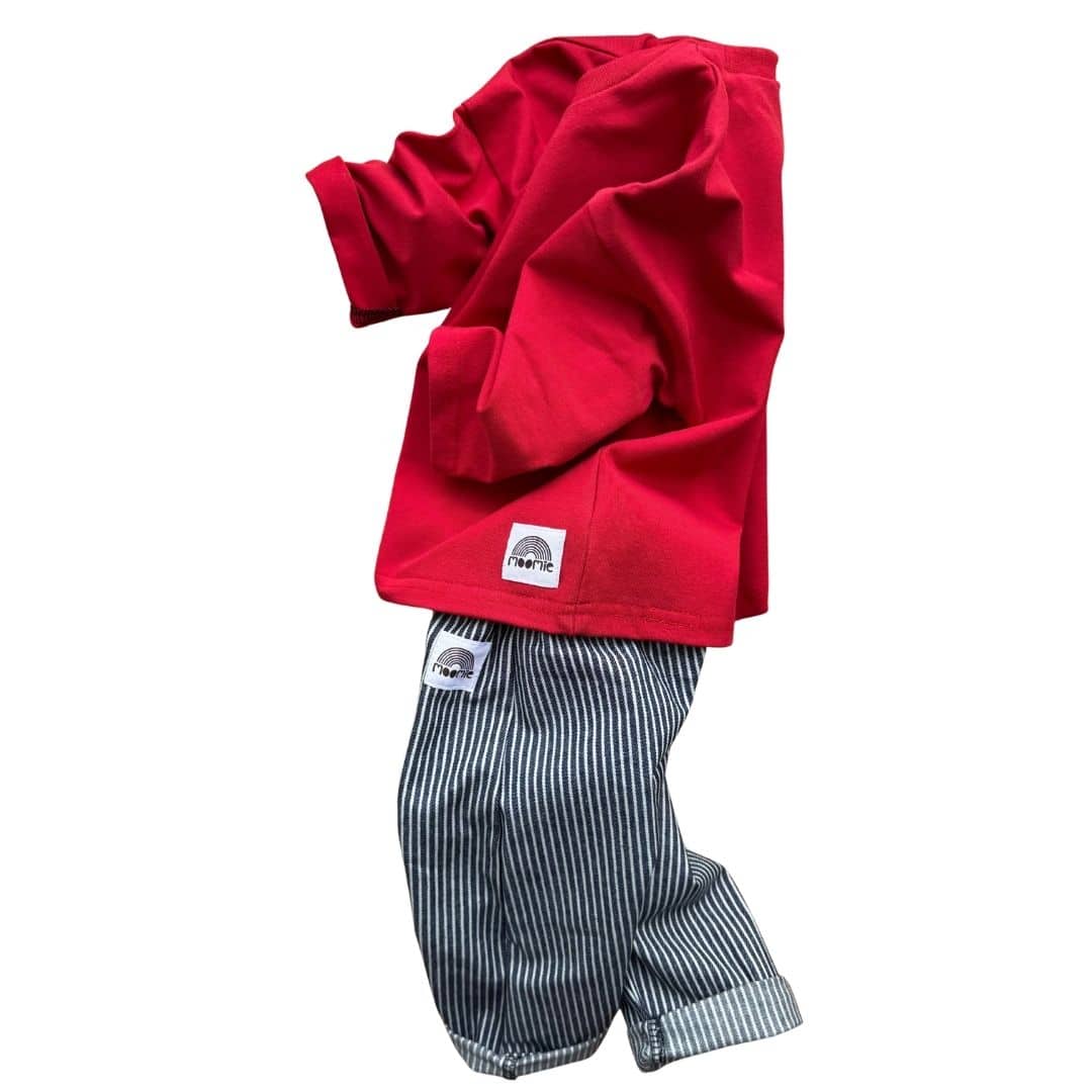 Ensemble bébé Little New York avec t-shirt rouge et pantalon rayé bleu marine et crème