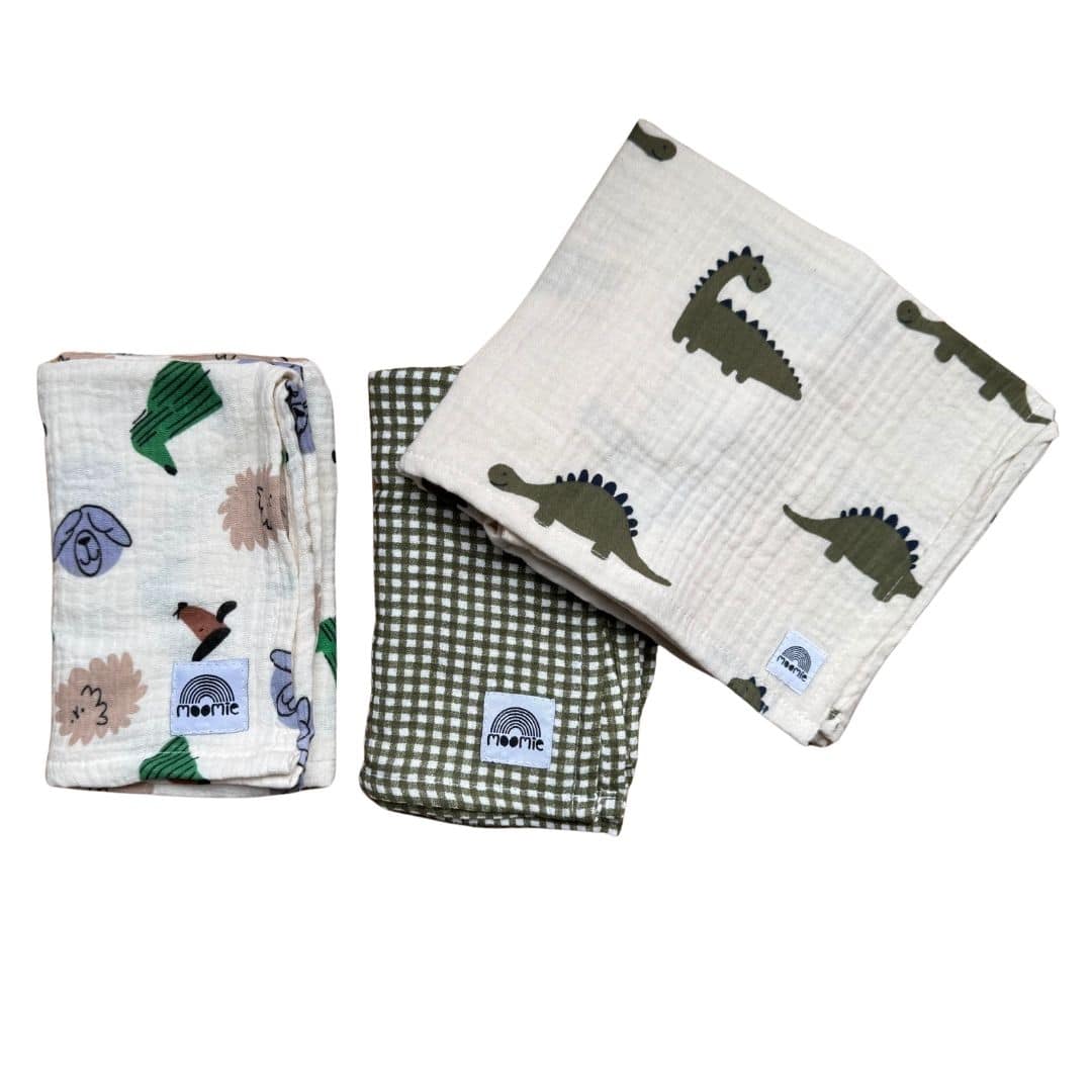 Lot de 3 langes bébé Petit aventurier avec dinosaures, animaux et vichy kaki