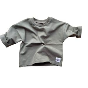 T-shirt bébé manches longues kaki uni Moomie, coupe légèrement oversize et fabriqué en France